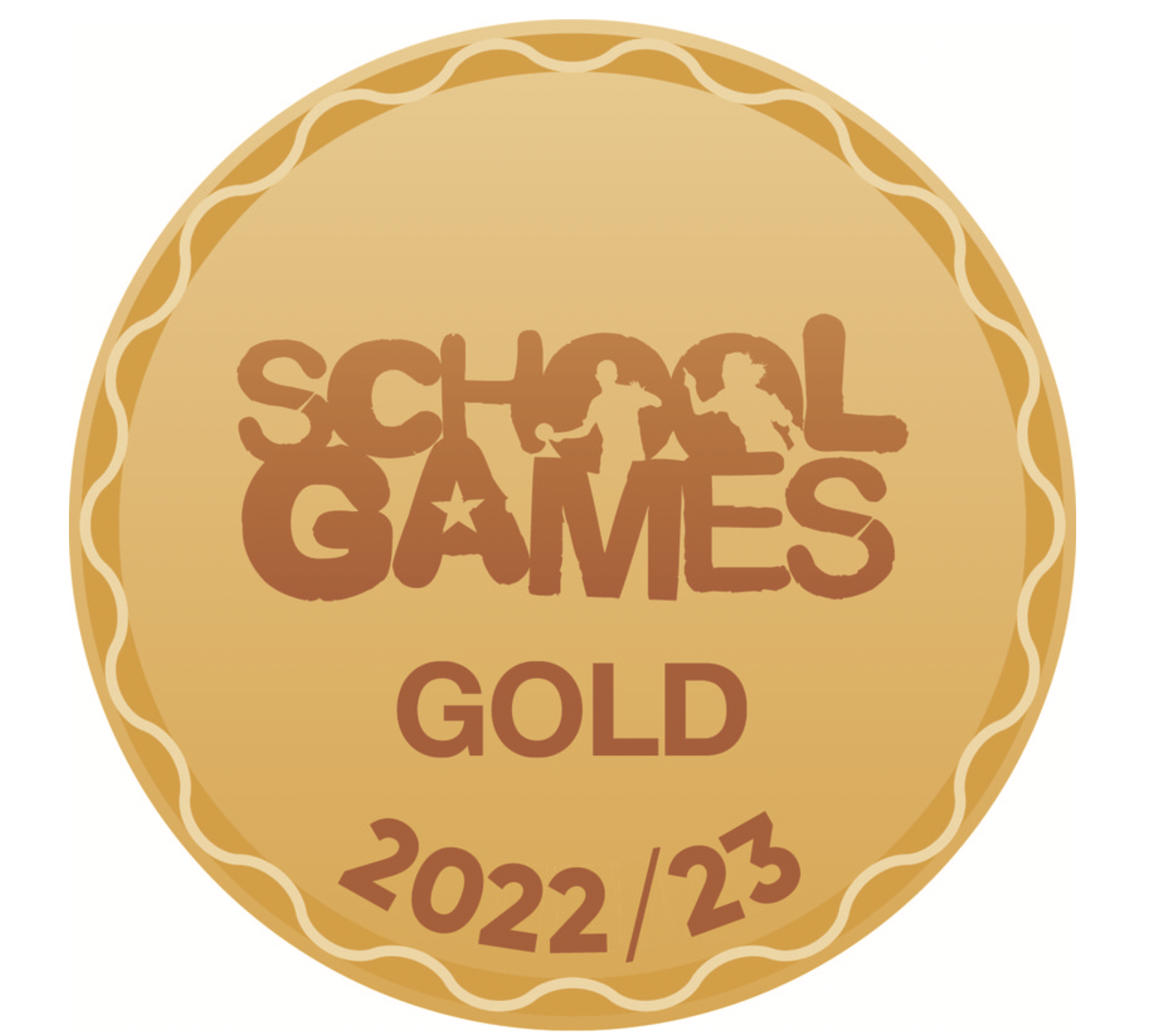 A gold coin with text and a picture of a childDescription automatically generated